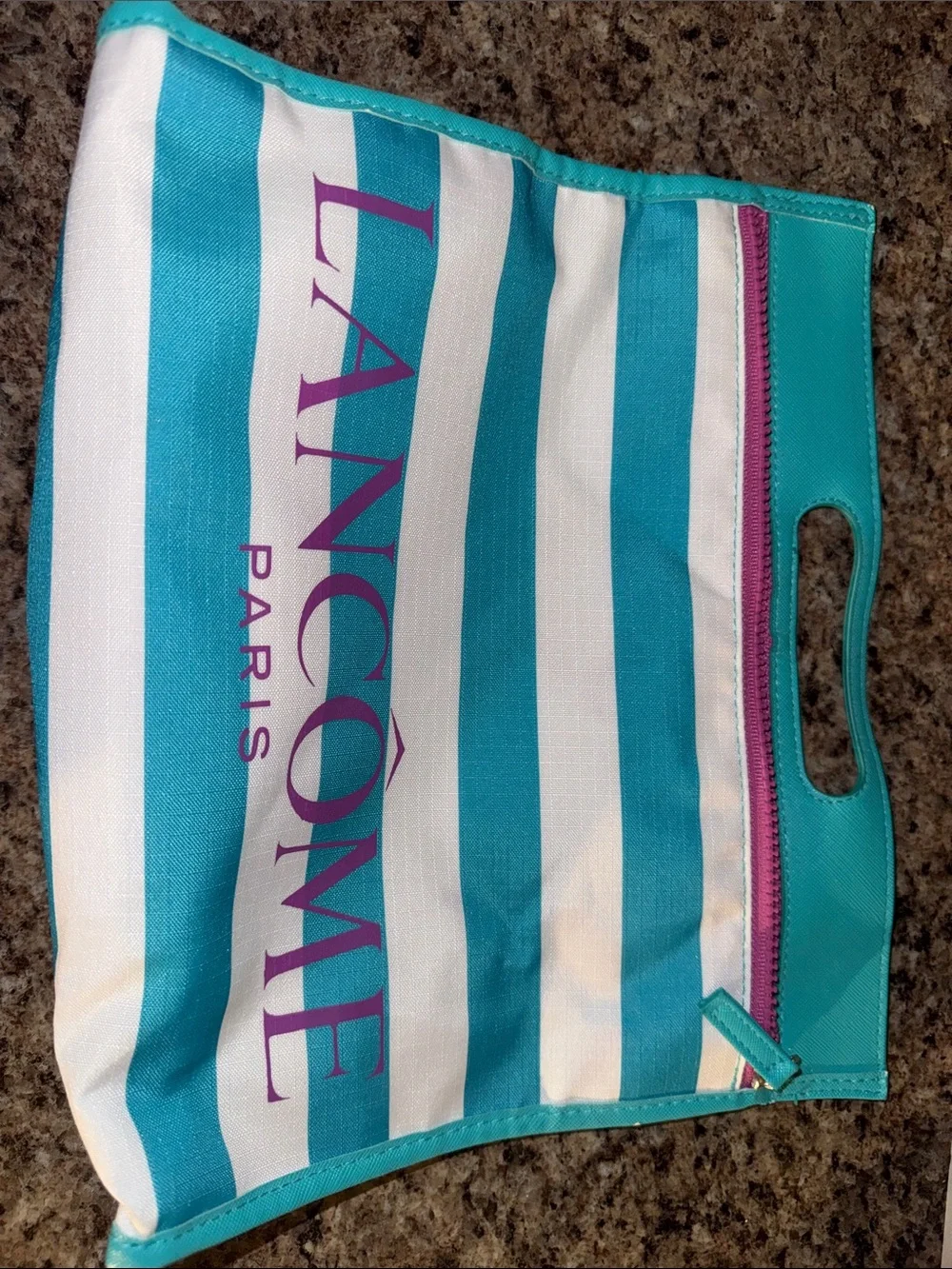 Striped Turquoise & White Cosmetic Bag with Pink Zipper